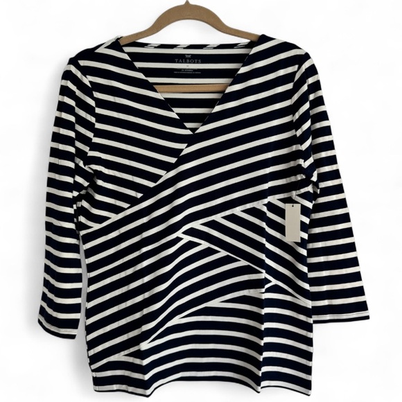 NWT Talbots Navy White Stripe V-Neck Top 3/4 Sleeve Stretch Knit Nautical Med - Picture 1 of 6